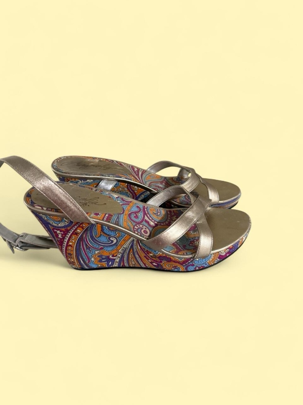 Magnolia Metallic Gold Wedges with Multicolor Paisley Platform